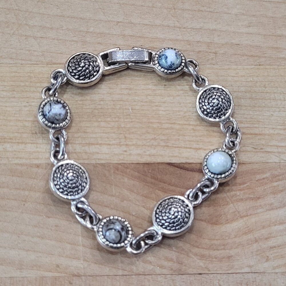 Vintage Dainty Silver (?) Bracelet w/Jasper(?) Stones